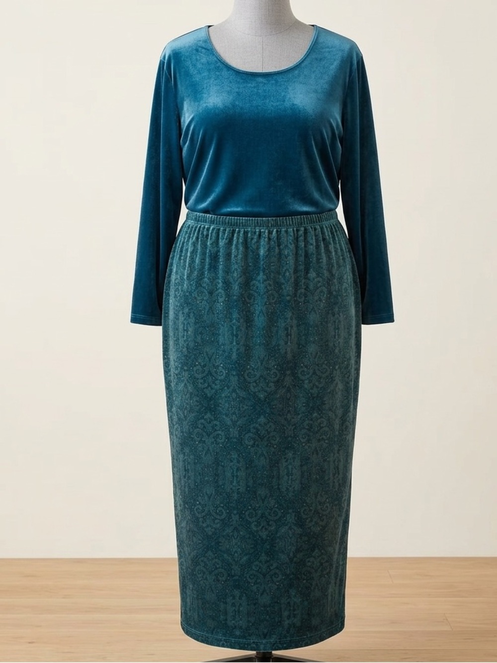 Dialogue Vintage Teal Velvet Paisley Maxi Skirt & Long Sleeve Top Formal Set